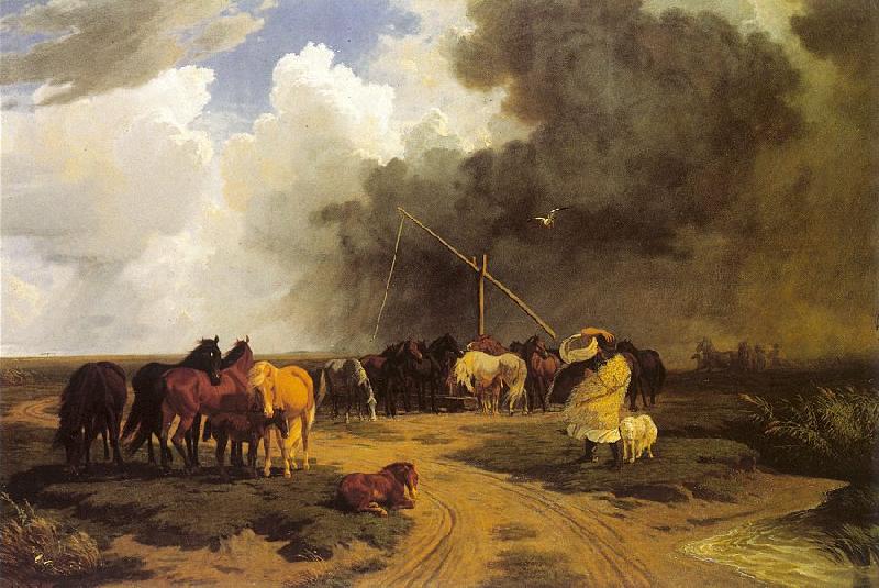 Lotz, Karoly Stud in a Thunderstorm Spain oil painting art